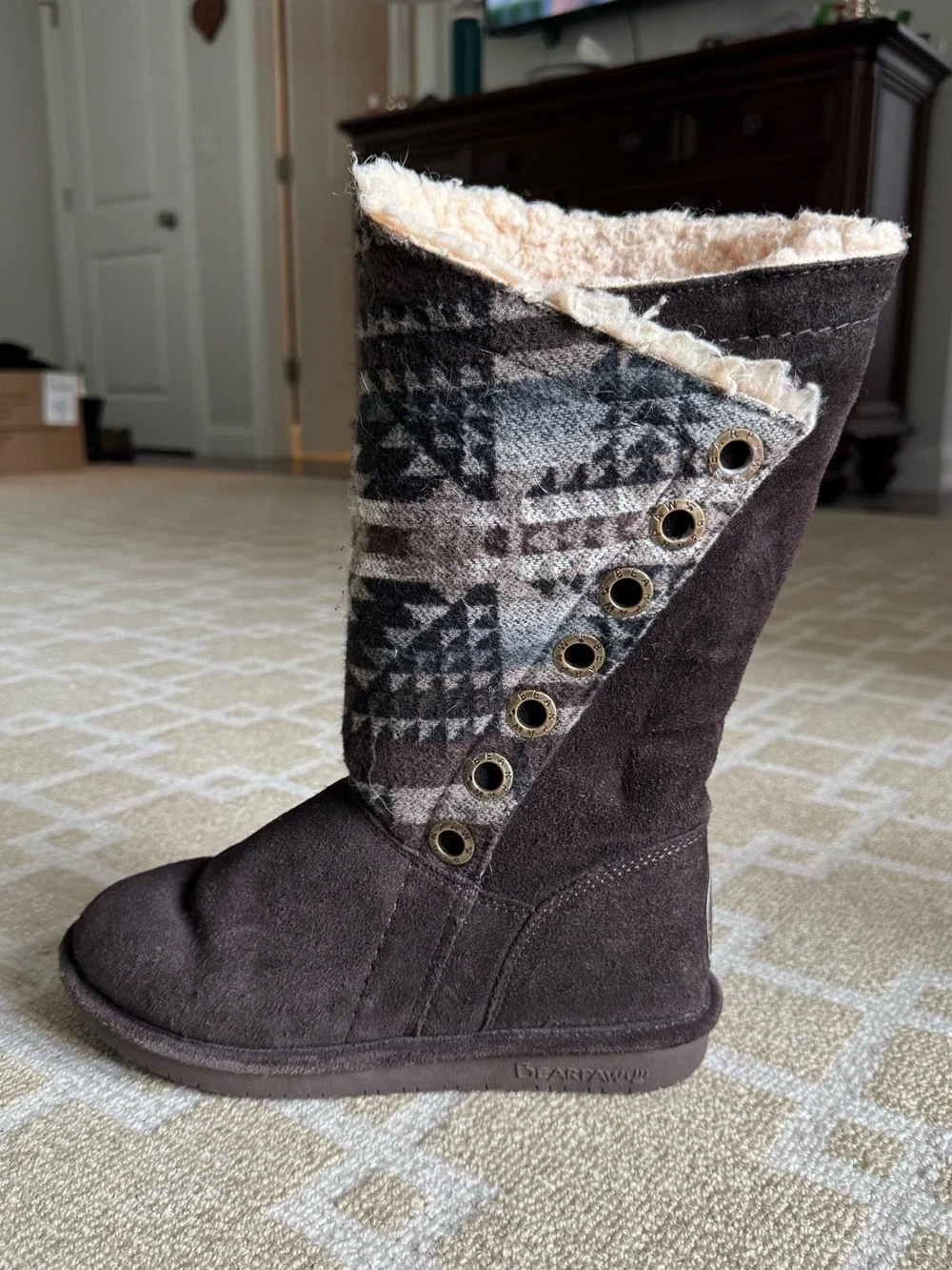 BEARPAW Kathy Suede Shearling Aztec Tall Winter Boots Dark Brown Size 7